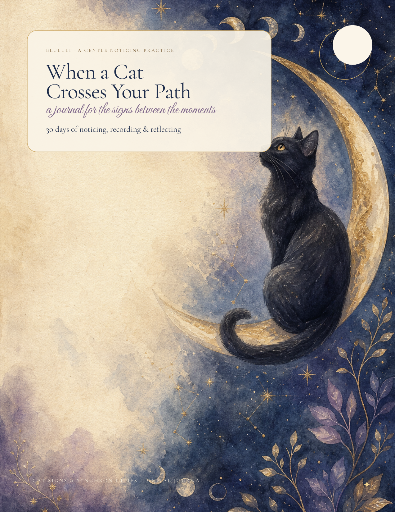Illustrated cover of When a Cat Crosses Your Path, a 30-day cat signs reflection journal.