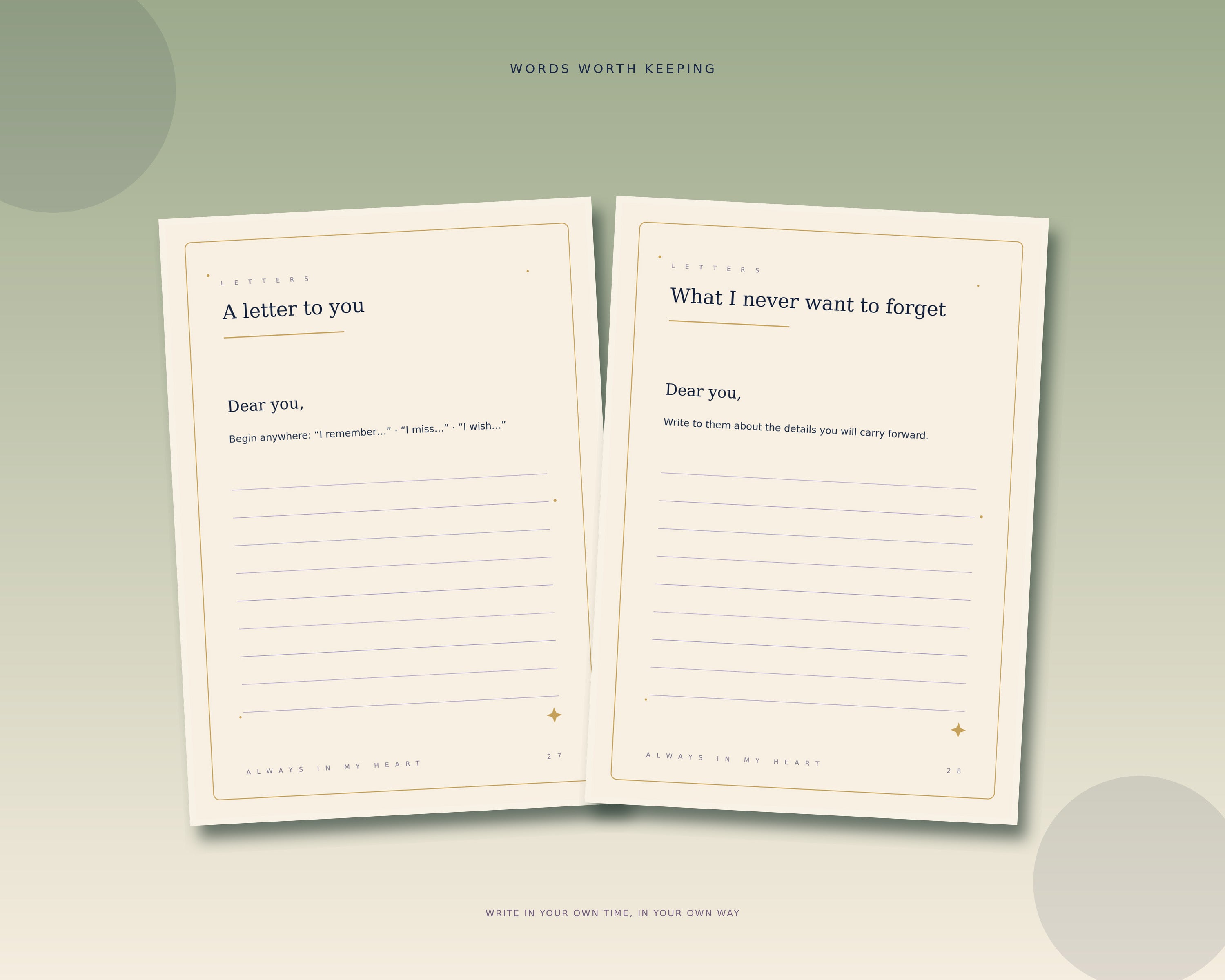 Letter and reflection pages inside the Cat Loss and Memory Keepsake