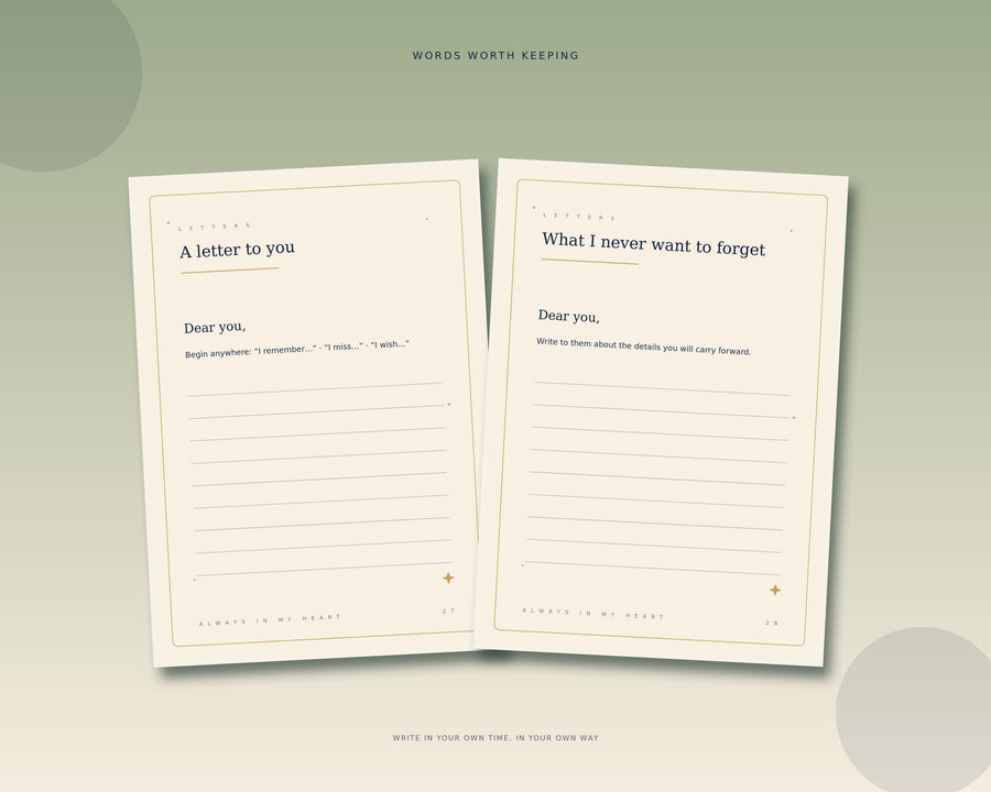 Letter and reflection pages inside the Cat Loss and Memory Keepsake