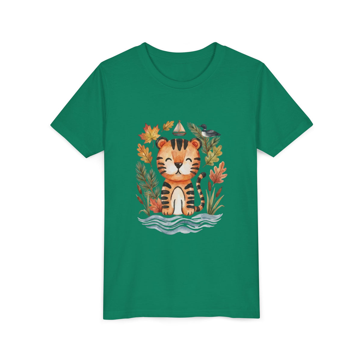 Kids Tiger Lake Ontario Tee — Watercolor Autumn Sailboat & Leaves Youth Short Sleeve Tee