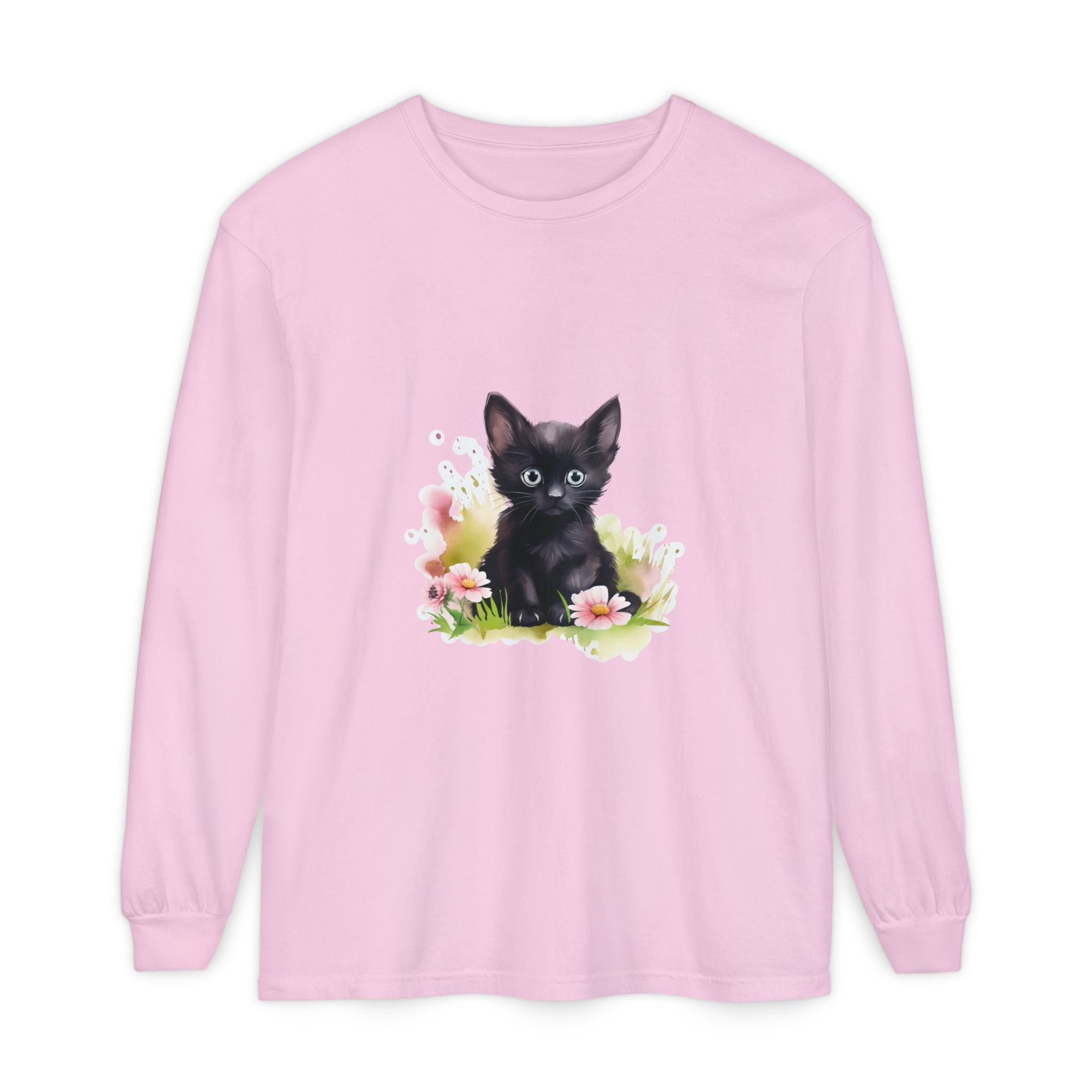 Langarmshirt | Schwarzes Kätzchen & rosa Blumen
