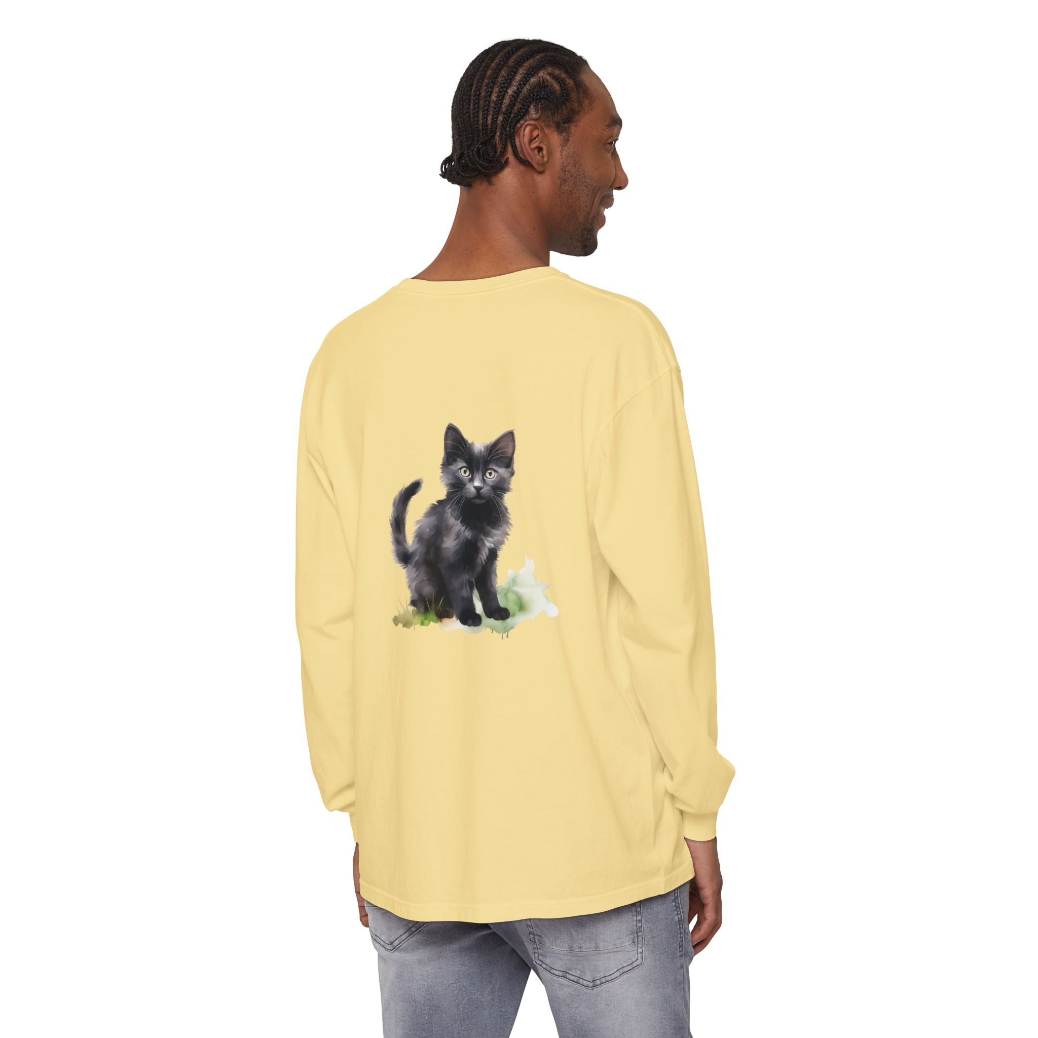 Maglietta a maniche lunghe con gatto nero e acquerello