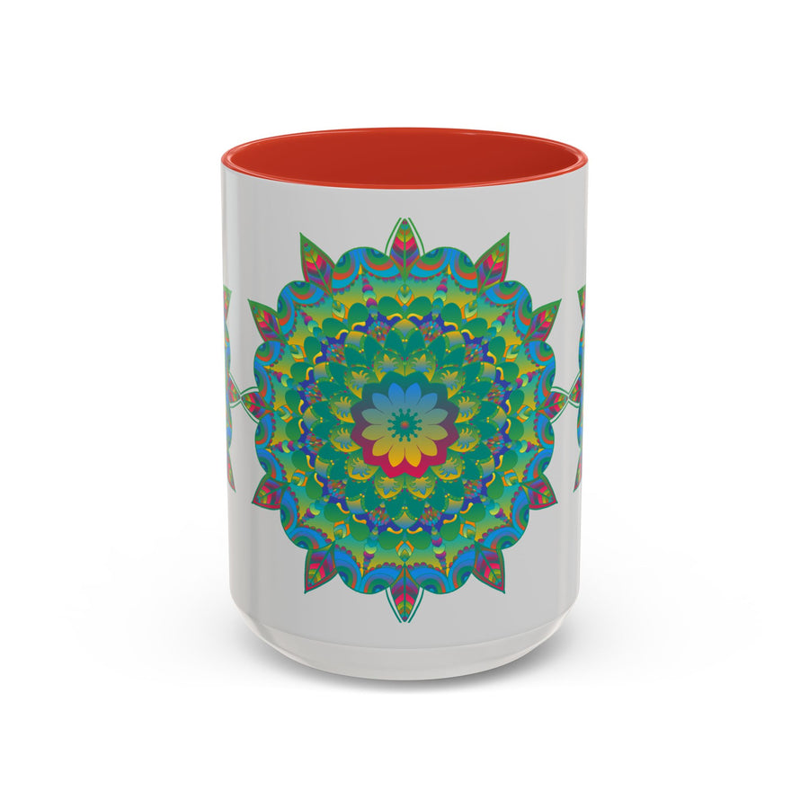 Beautiful, hand-painted mandala art mug with vibrant, colorful floral design