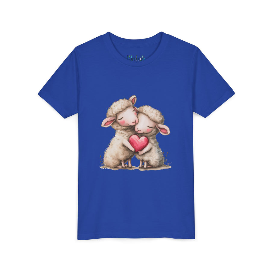 Youth Tee - Cartoon Sheeps Hugging Heart, Cute and Lovely Design