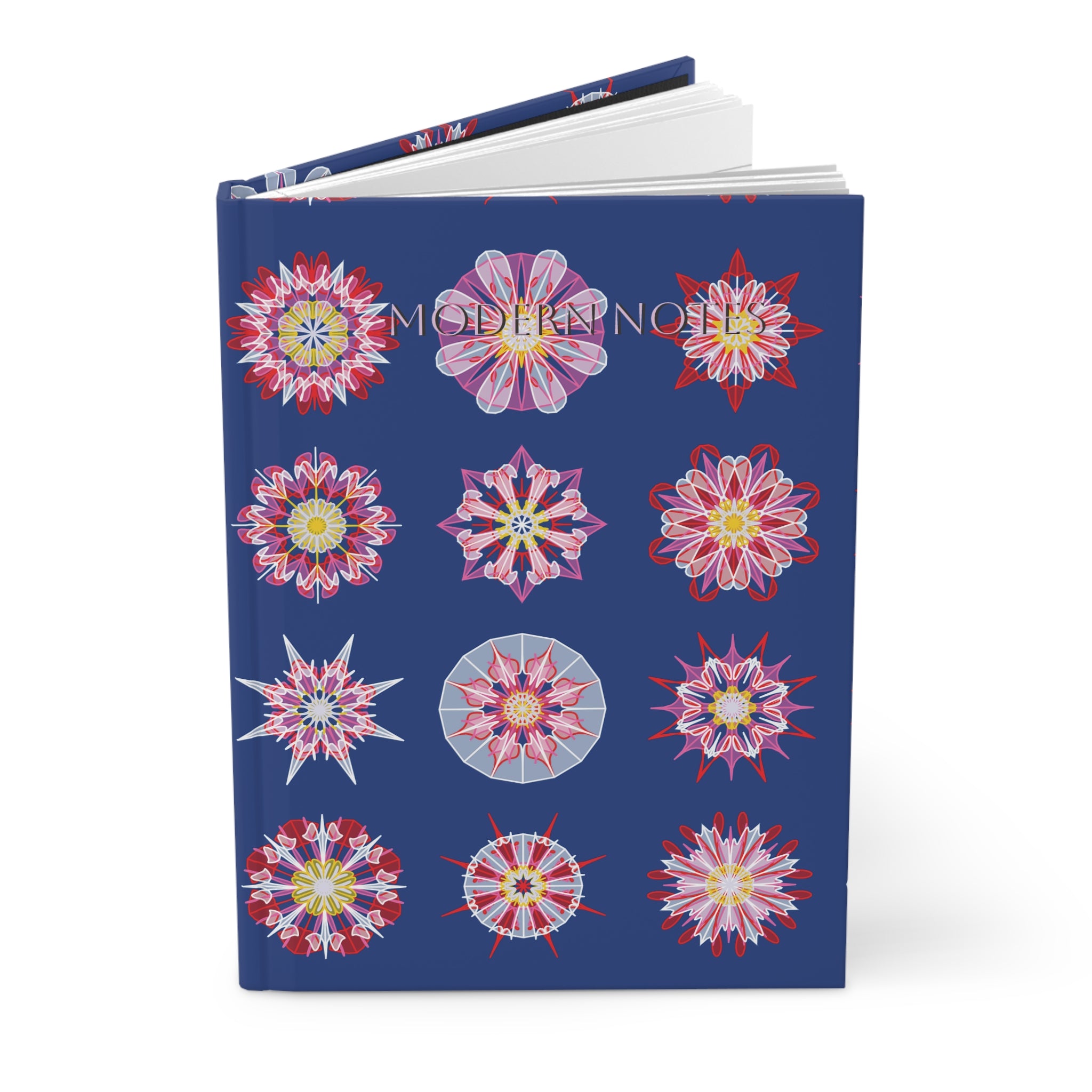 Hardcover Journal — Blue Geometric Mandala on Red (Nordic Chic)