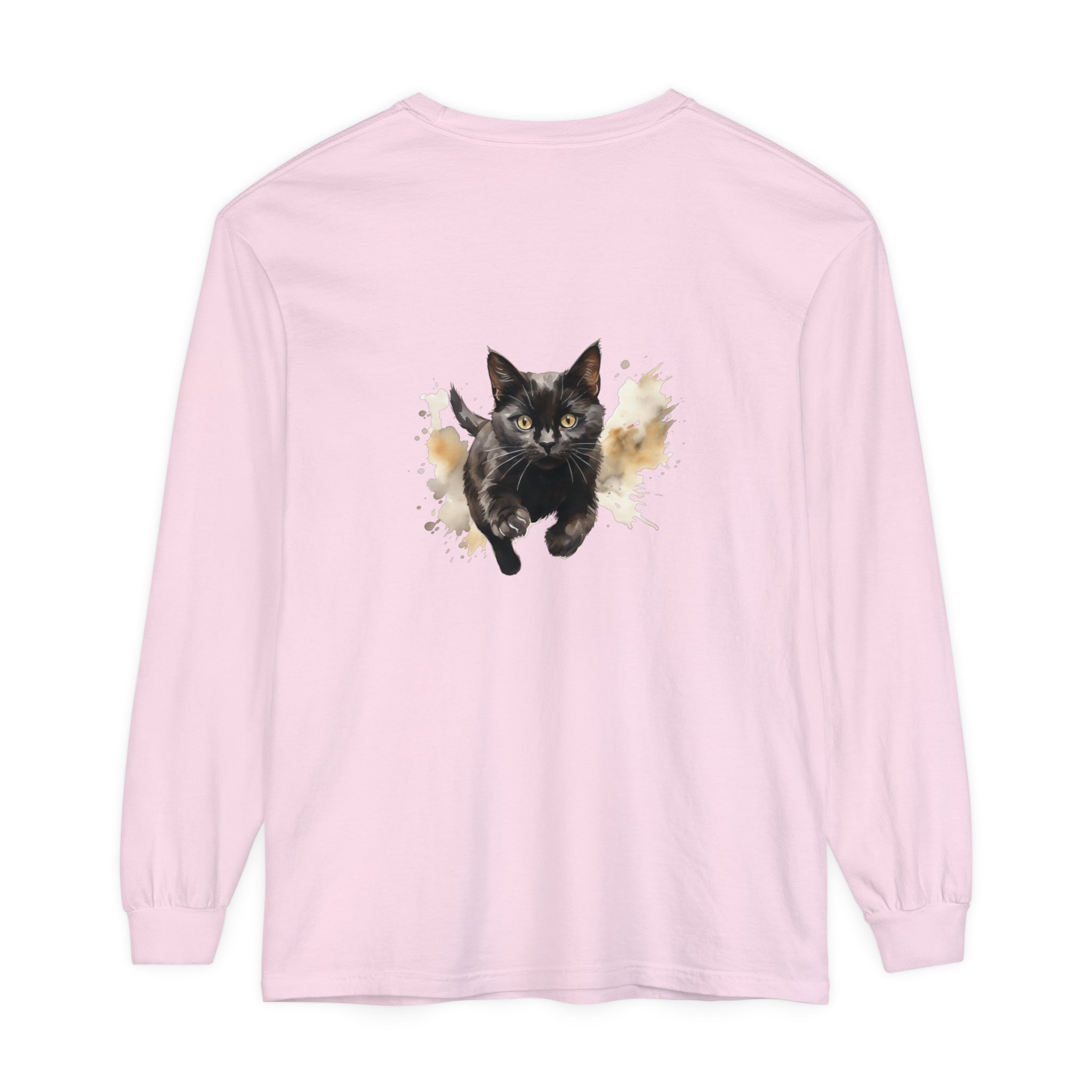 Black Cat Watercolor Sprint Unisex T-Shirt featuring a vibrant and detailed watercolor design of a black cat sprinting across the shirt in various shades of black, white, and gray