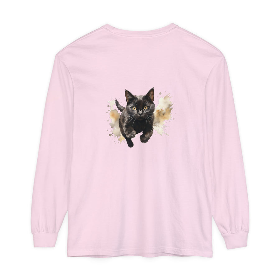 Black Cat Watercolor Sprint Unisex T-Shirt featuring a vibrant and detailed watercolor design of a black cat sprinting across the shirt in various shades of black, white, and gray