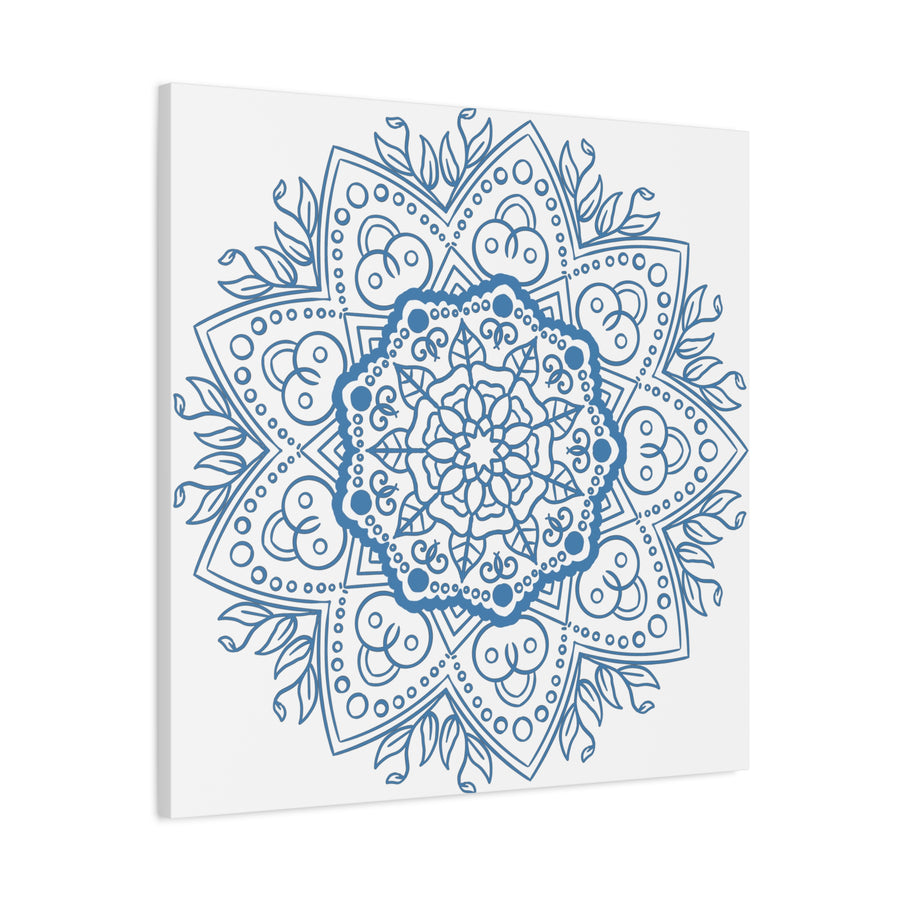Beautiful handmade mandala design wall art in steel blue on matte canvas, stretched to 125 inches for a stunning, high-quality piece of home decor