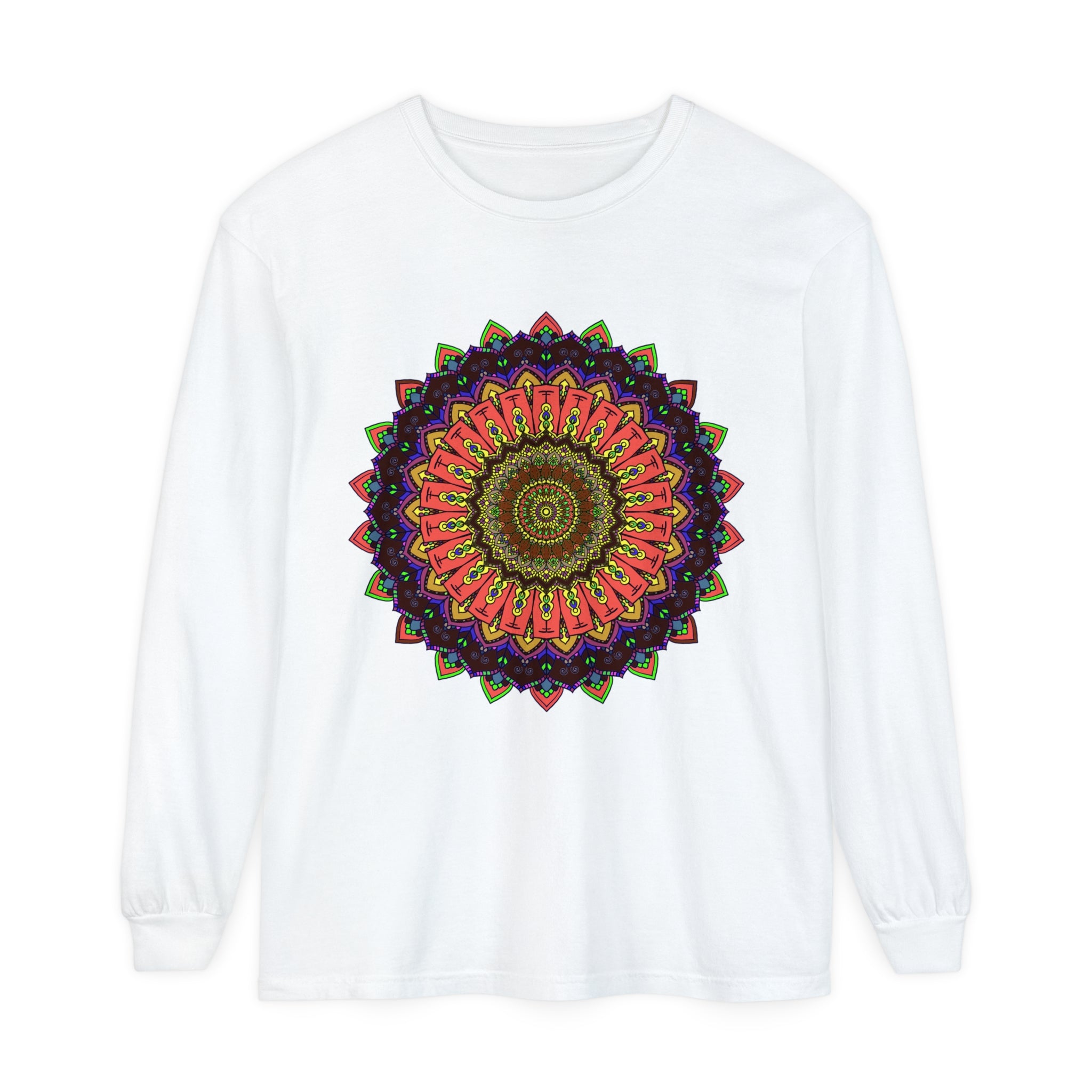 Intricate mandala long sleeve t-shirt featuring a colorful and intricate design
