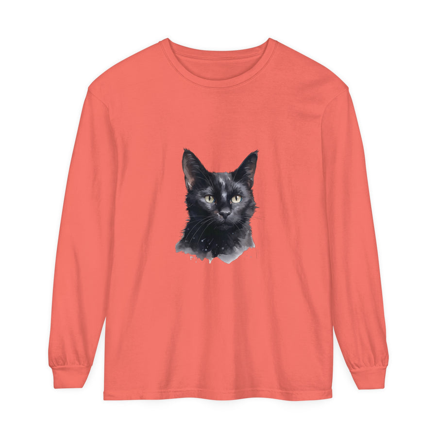 Black Cat Watercolor Long Sleeve T-Shirt - Unisex graphic tee with stunning watercolor design of a black cat
