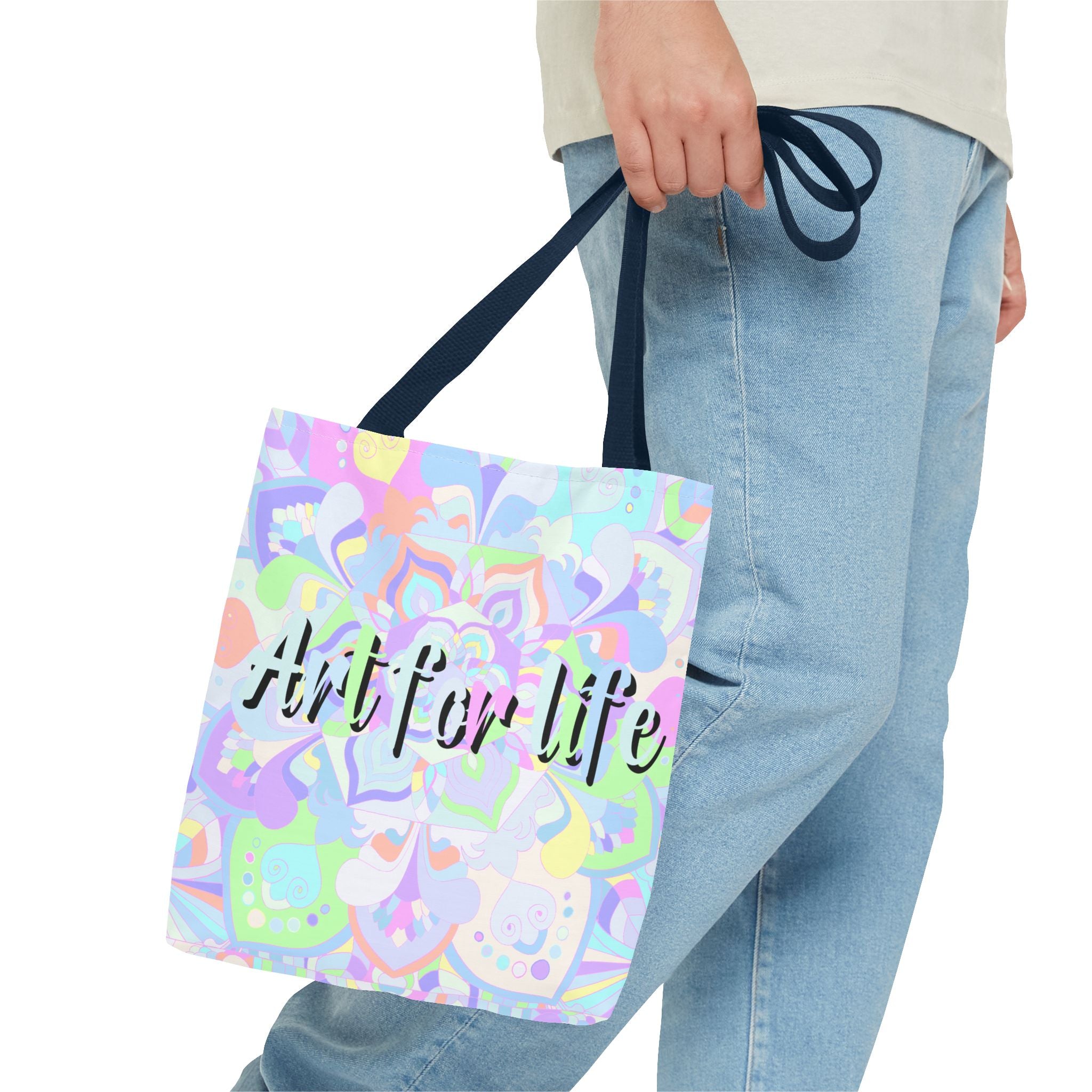 Colorful mandala tote bag with intricate design and inspiring 'Art for Life' quote, perfect for carrying your essentials in style