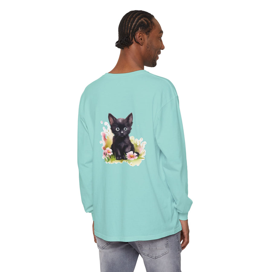 Full Sleeve Tee | Black Kitten & Pink Flowers