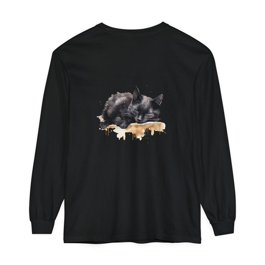 Beautiful watercolor illustration of a sleeping black cat on a t-shirt