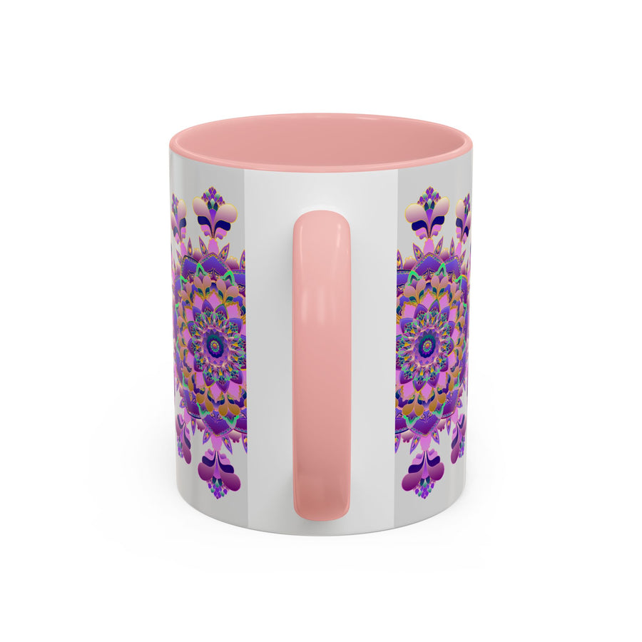A vibrant purple and pink floral mandala design adorns this beautiful ceramic mug