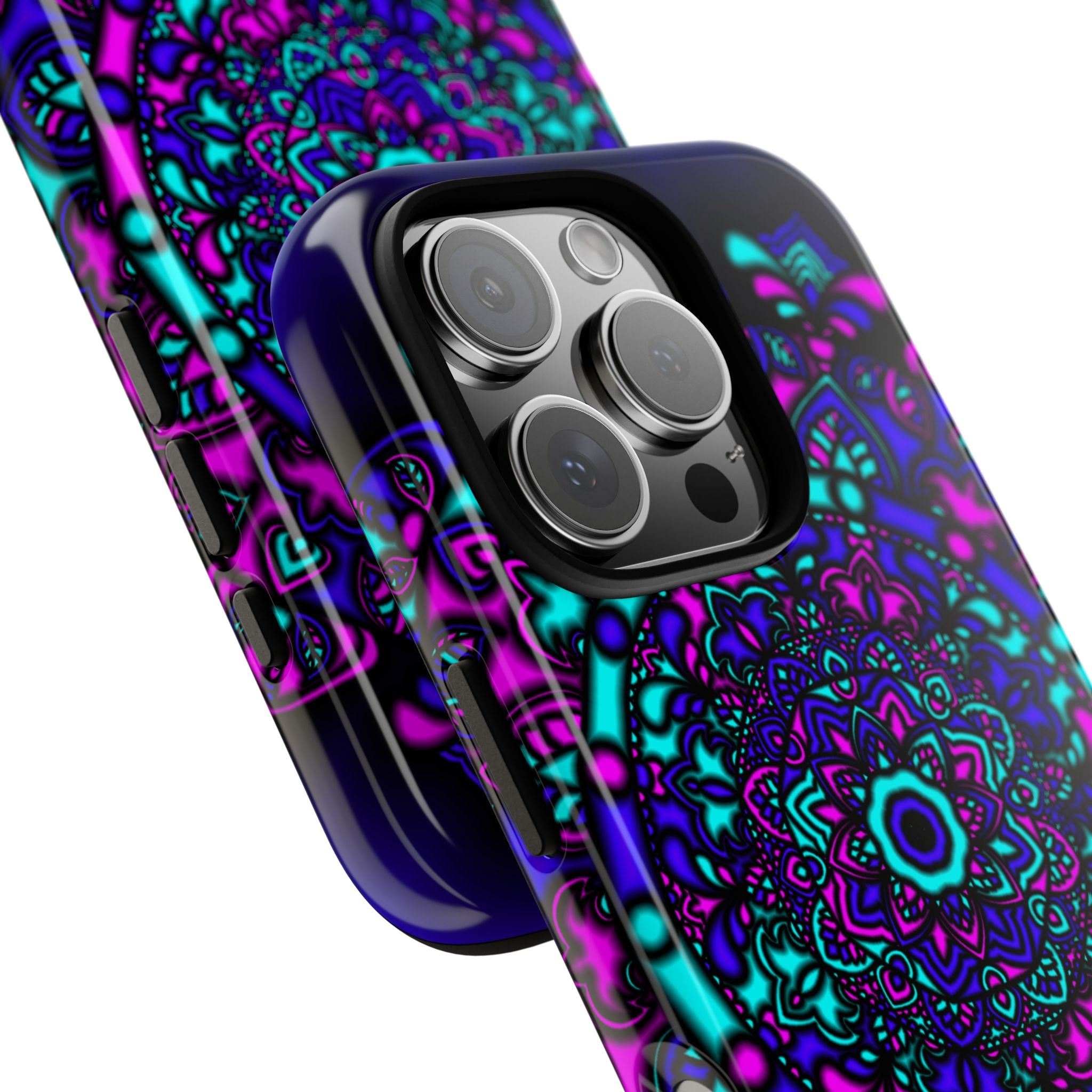 Cover protettiva resistente per telefono Mandala Neon — Viola e Verde acqua