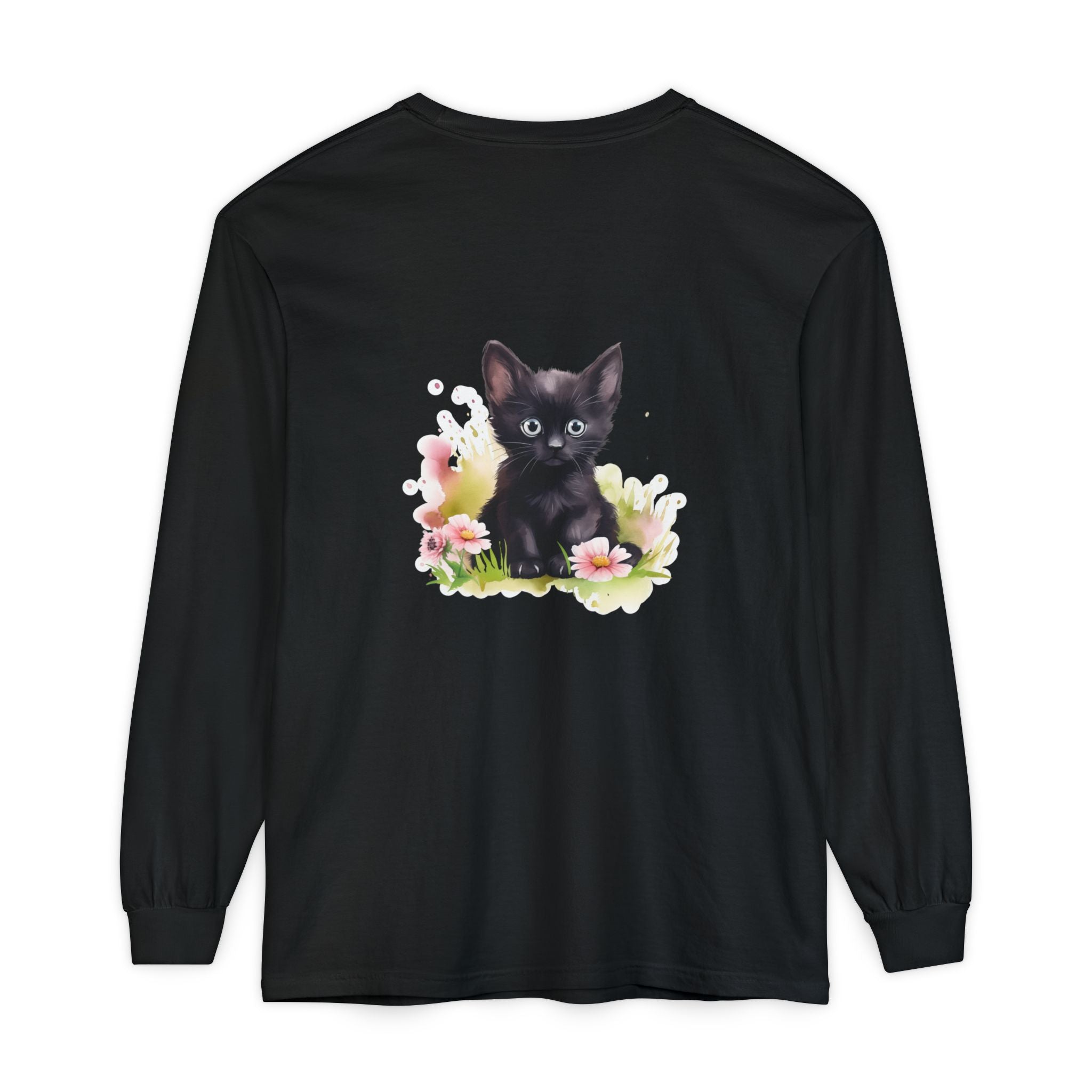 Langarmshirt | Schwarzes Kätzchen & rosa Blumen
