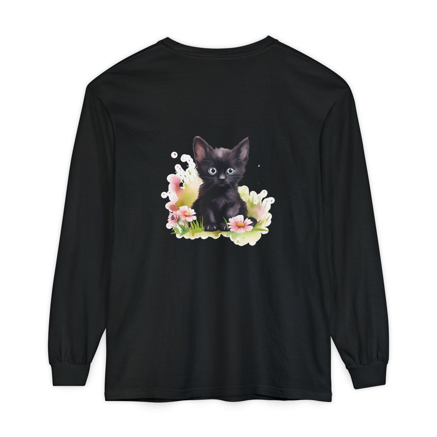 Full Sleeve Tee | Black Kitten & Pink Flowers