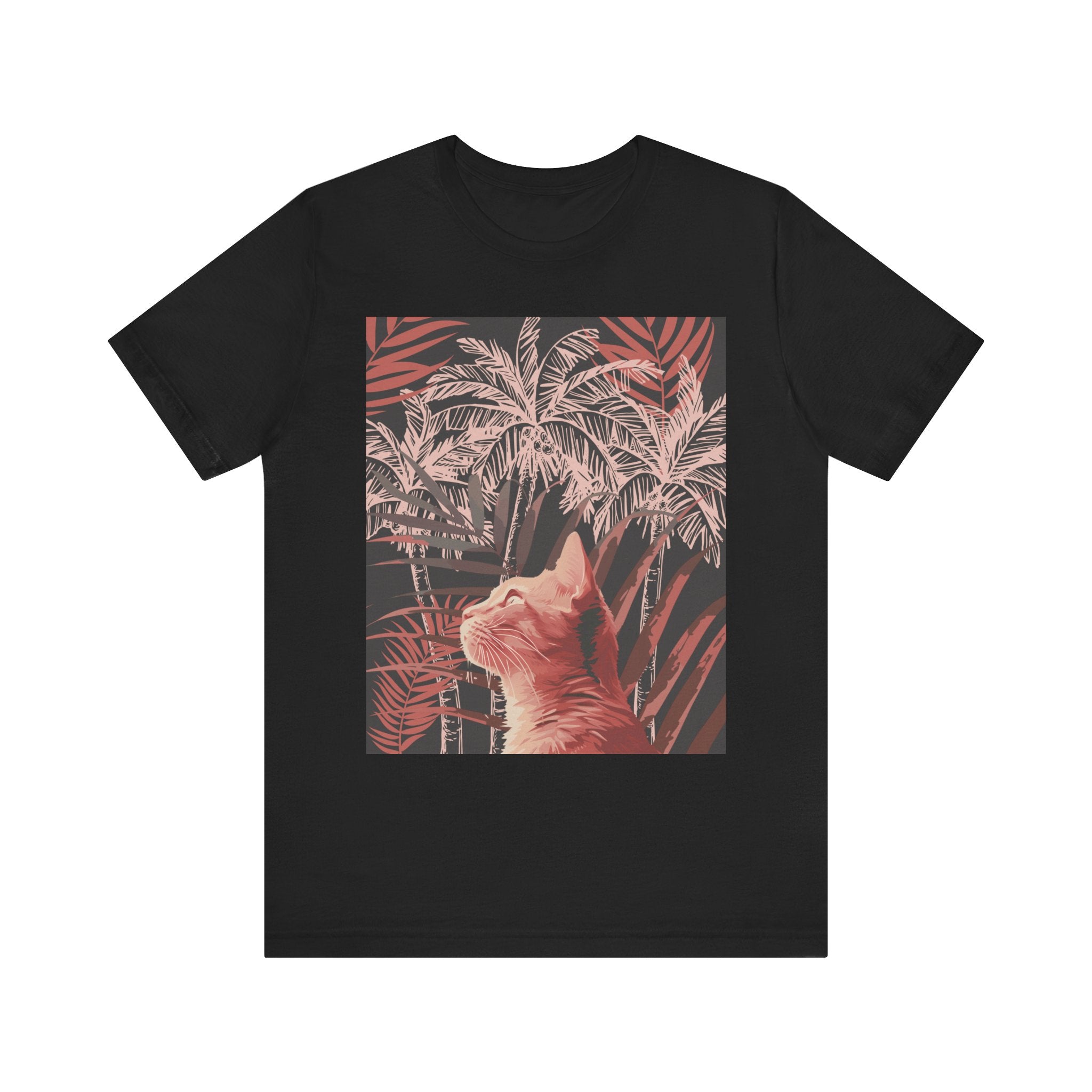 Adorable ginger cat with green eyes relaxing under a palm tree printed on a t-shirt