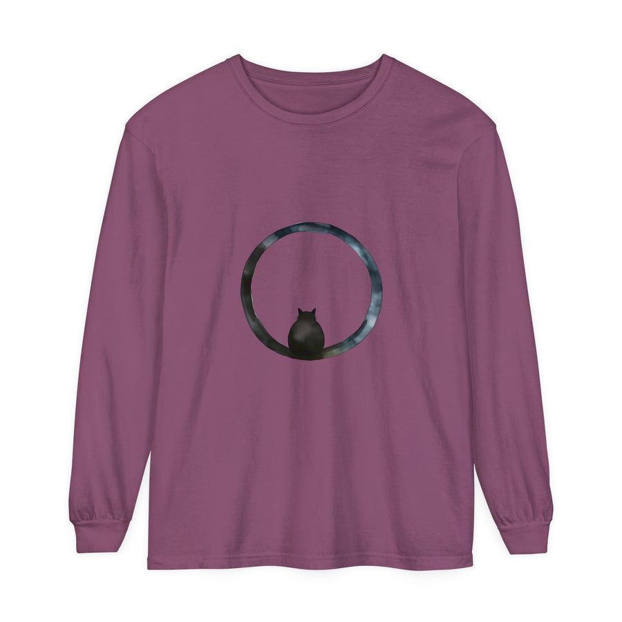 A close-up image of a unisex long sleeve t-shirt featuring a mesmerizing and mystical sphere design