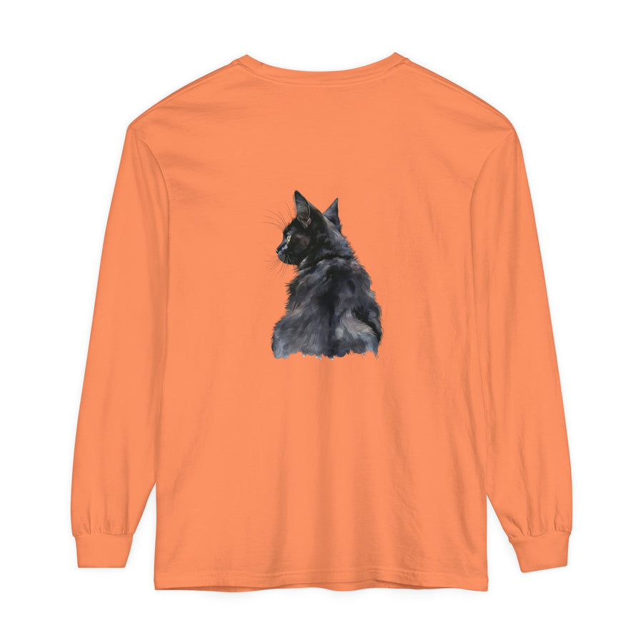 Black Cat Watercolor Long Sleeve T-Shirt with vibrant watercolor design