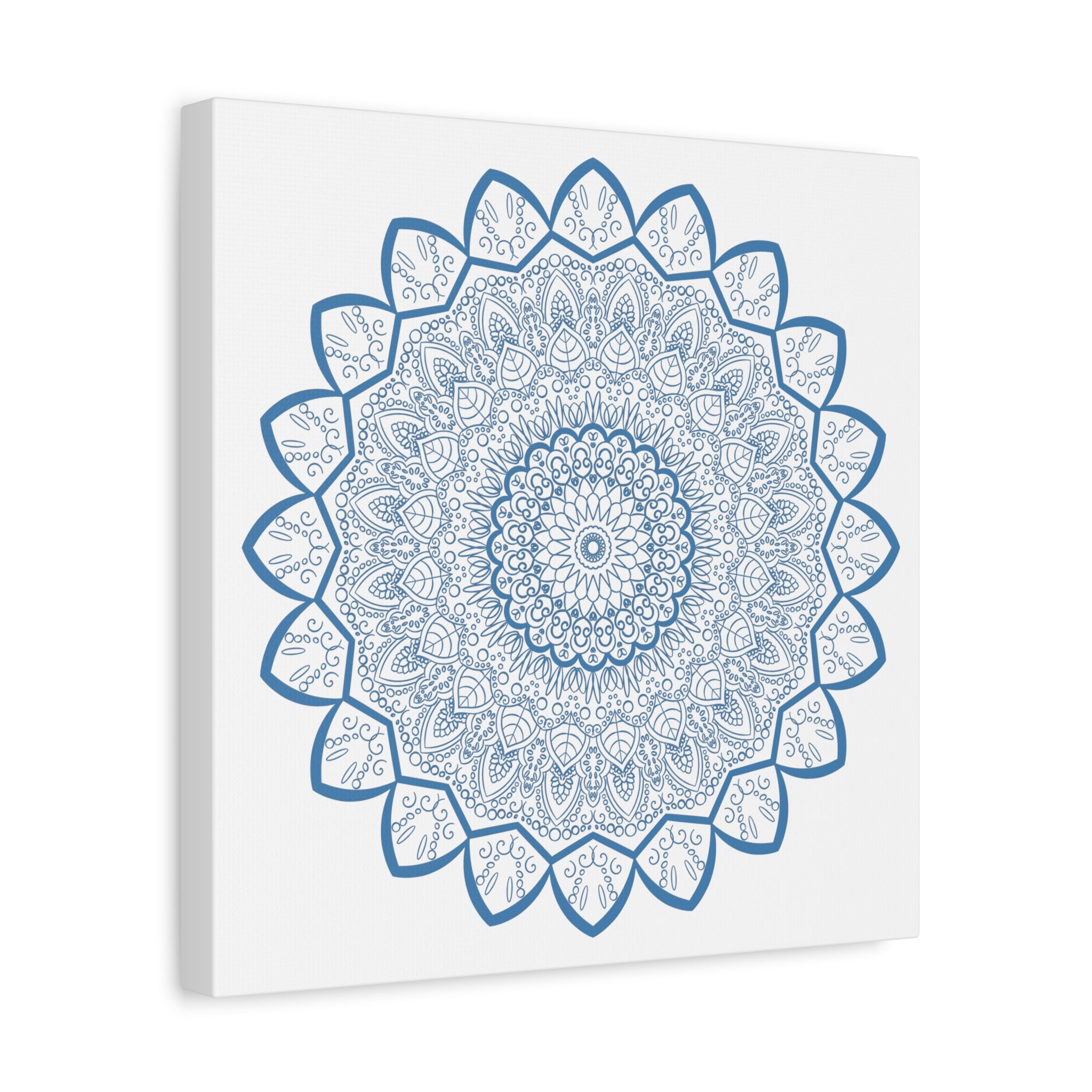 Beautiful handmade mandala design wall art in steel blue on matte canvas, stretched and 125 inches thick
