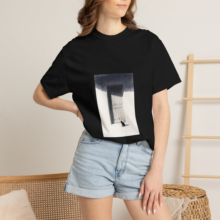 T-Shirt — Minimal Art Cat at Door Graphic Tee