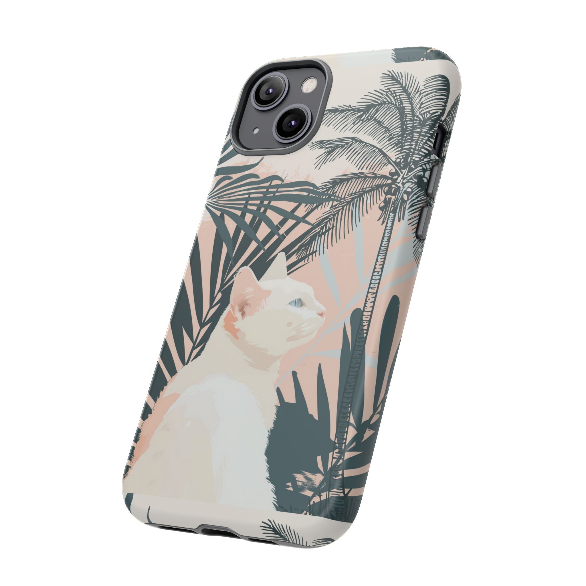 Tropical Cat Phone Case with Lush Palm Motifs and Soft Pastels