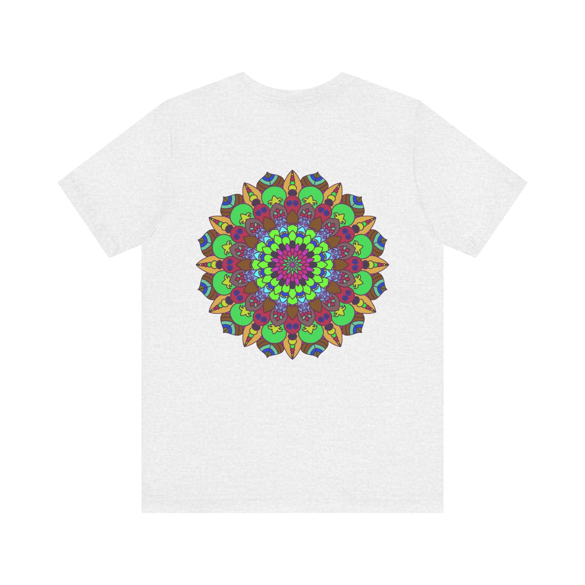 Vibrant mandala t-shirt with intricate designs in beautiful shades of blue, purple, and green, promoting peace and harmony