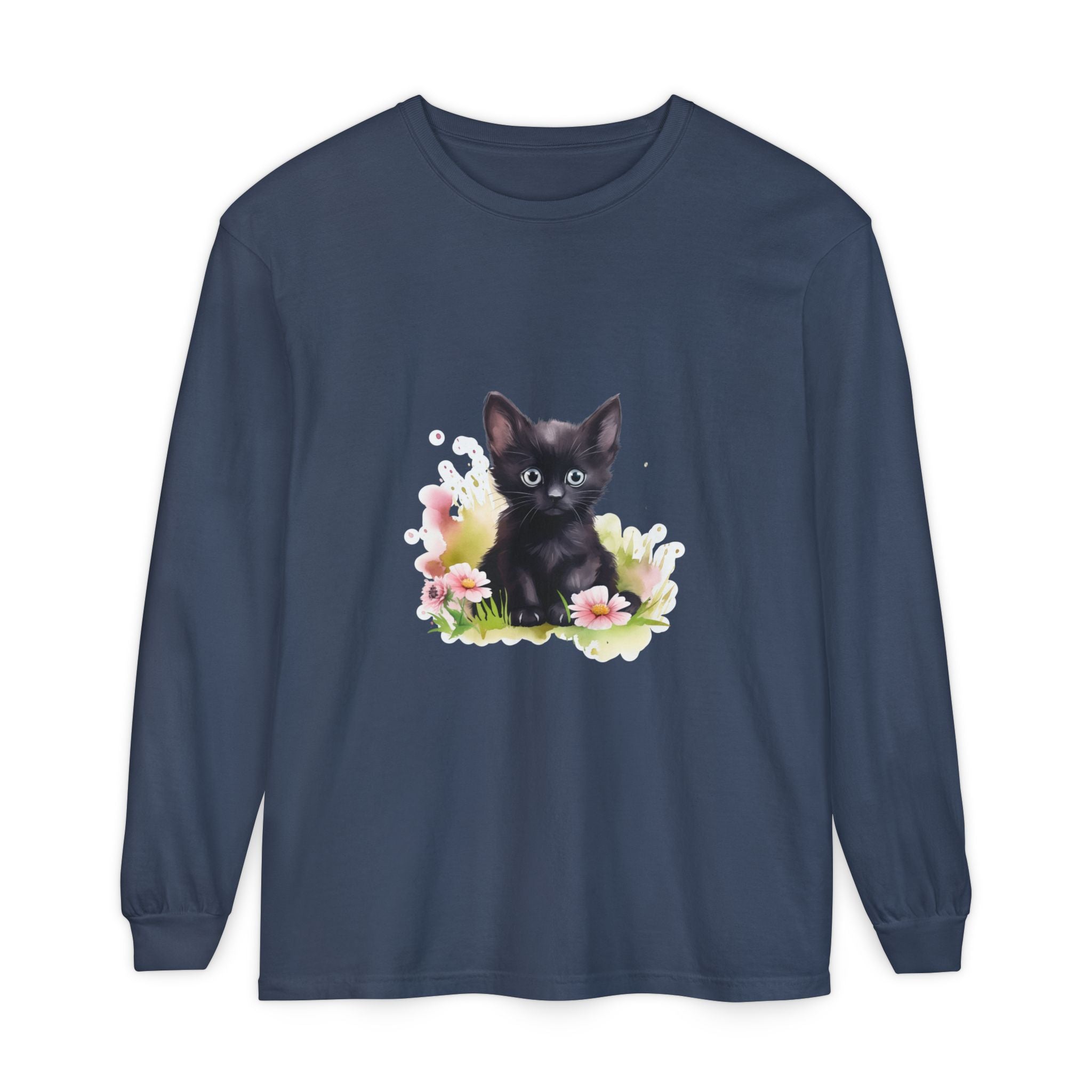 Langarmshirt | Schwarzes Kätzchen & rosa Blumen