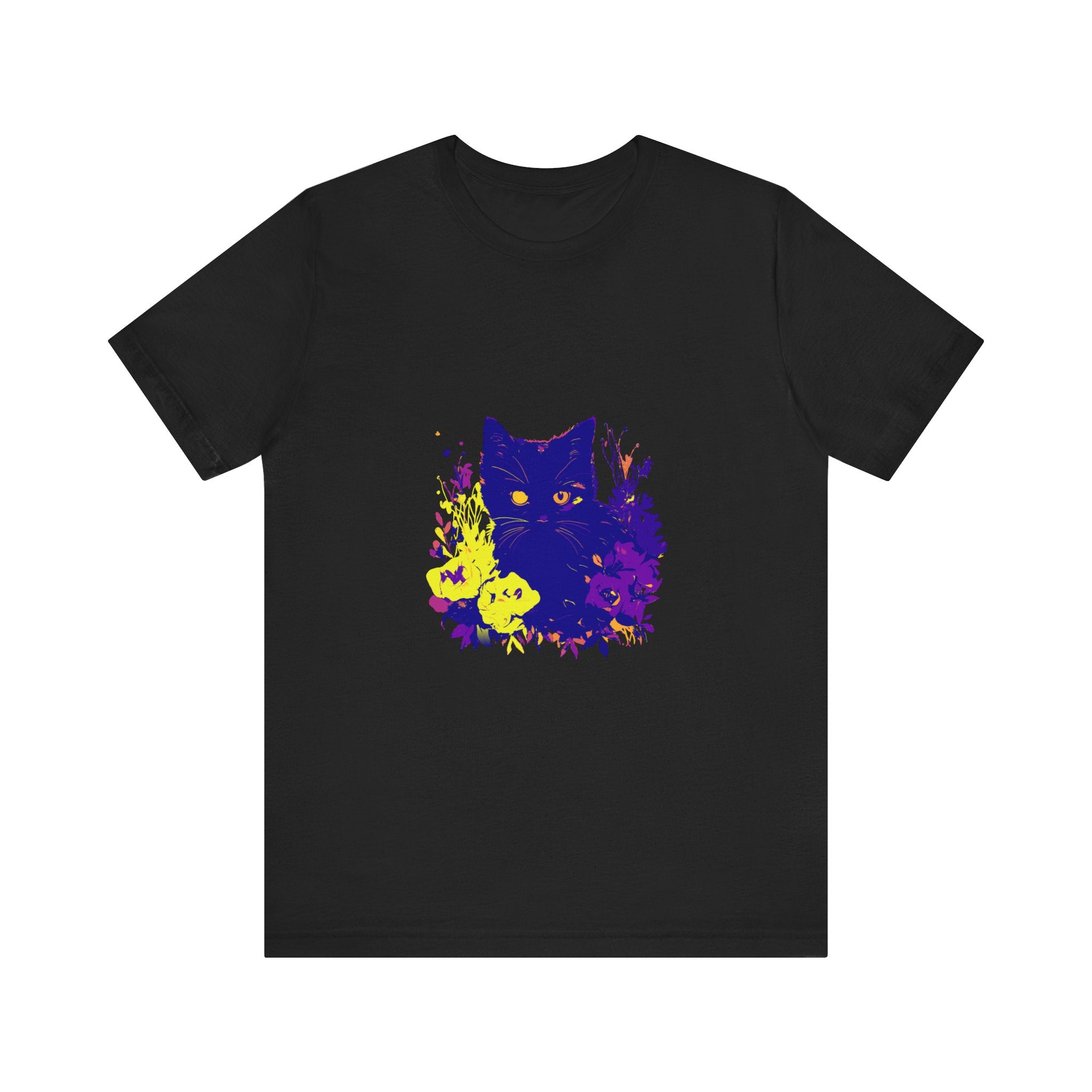 A black cat with glowing neon flowers on a mystery t-shirt
