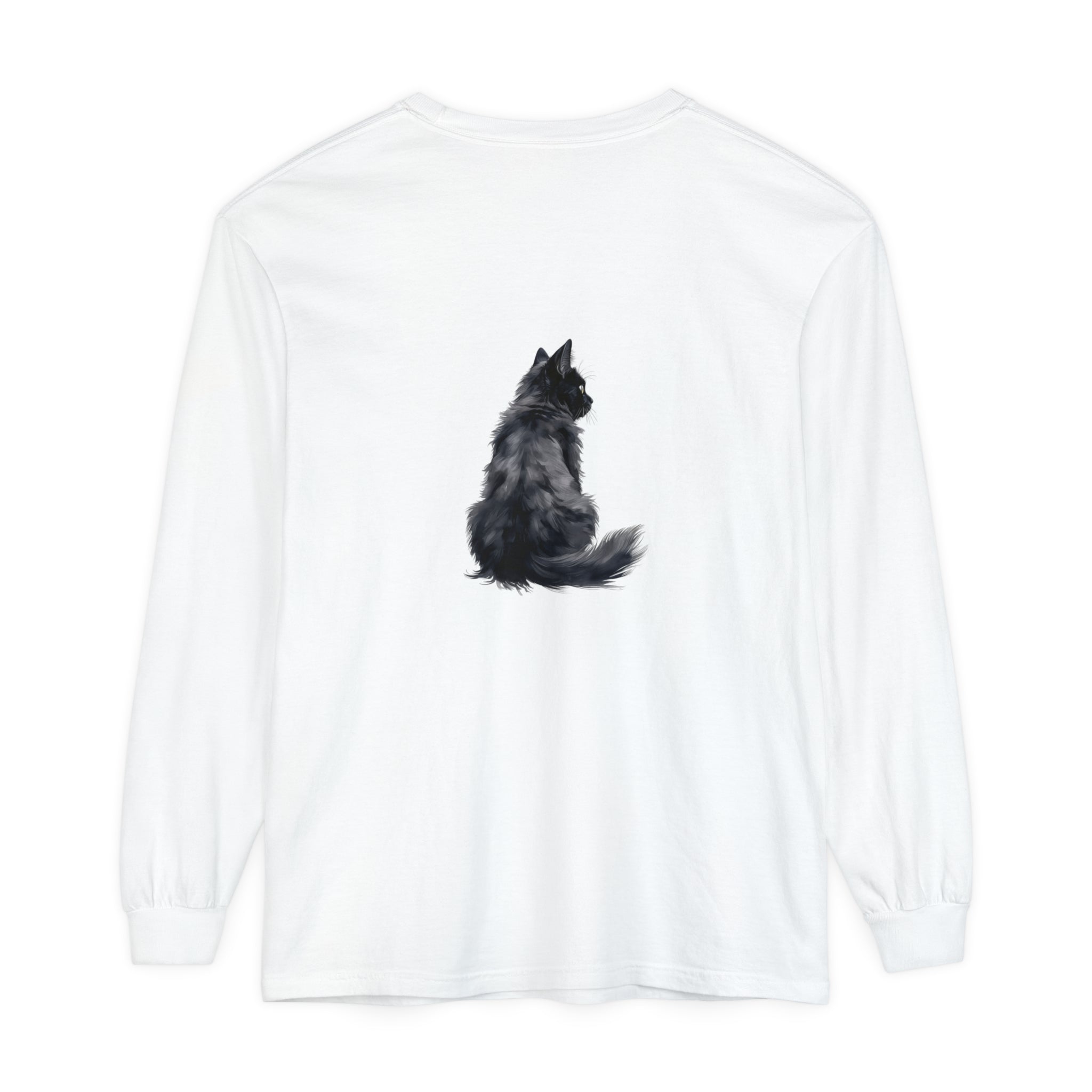 Black Cat Silhouette Unisex Long Sleeve T-Shirt in black, perfect for cat lovers and Halloween enthusiasts