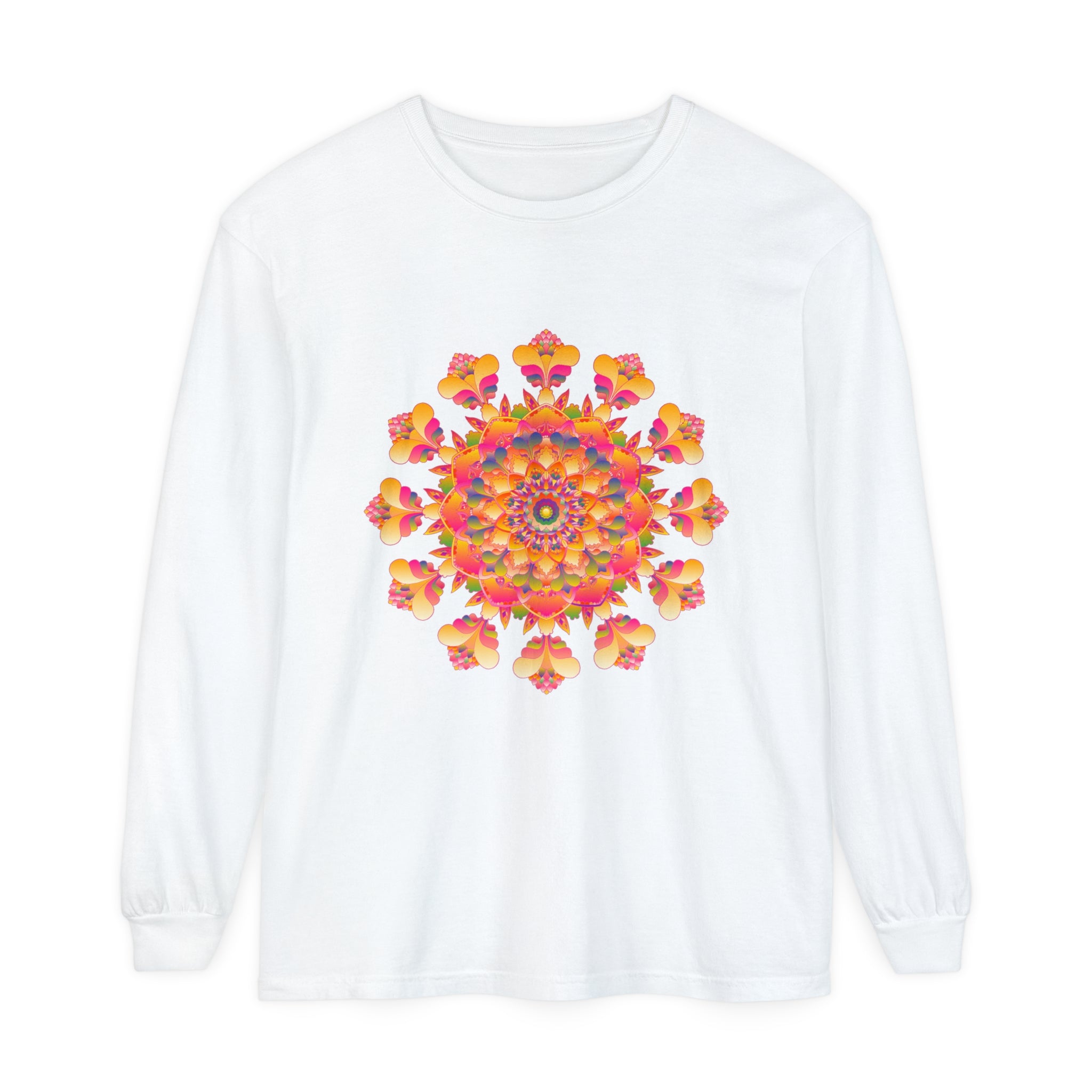 Vibrant Mandala Long Sleeve T-Shirt - Unisex in bright colors, detailed design, and comfortable fit for all