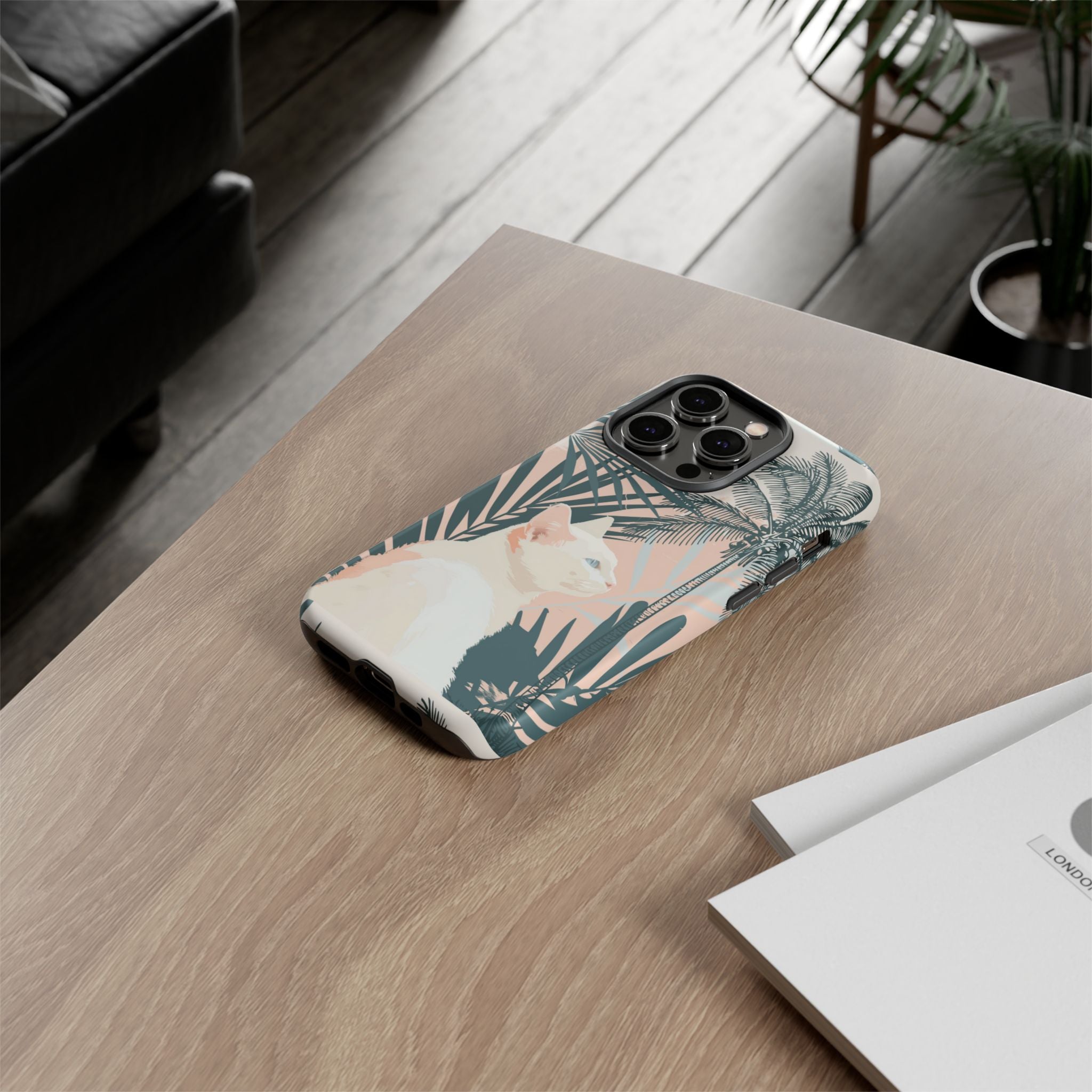 Tropical Cat Phone Case with Lush Palm Motifs and Soft Pastels