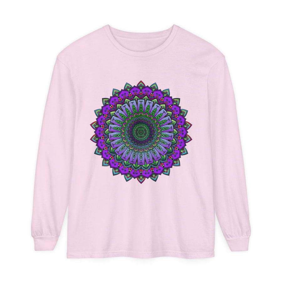 Intricate mandala design in vibrant colors on a unisex long sleeve t-shirt