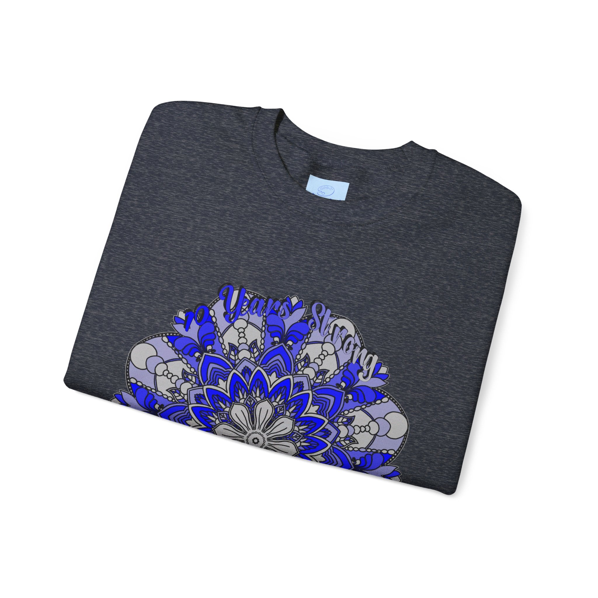 10th Anniversary 10 Years Strong Unisex Sweatshirt in Navy Close-Up of Logo Print