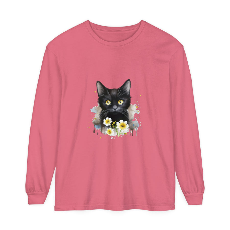 Black Cat Watercolor Floral Unisex T-Shirt featuring a beautiful and vibrant watercolor floral design with a black cat, perfect for both men and women