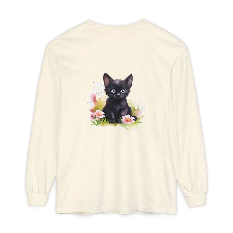 Full Sleeve Tee | Black Kitten & Pink Flowers