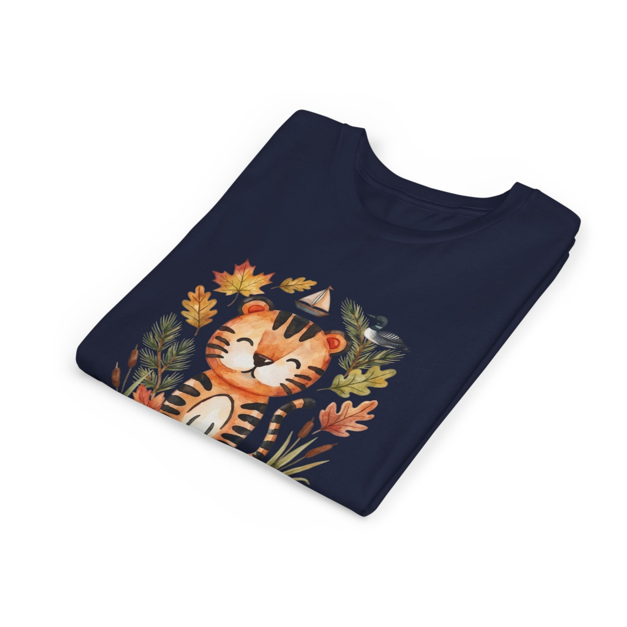 Kids Tiger Lake Ontario Tee — Watercolor Autumn Sailboat & Leaves Youth Short Sleeve Tee