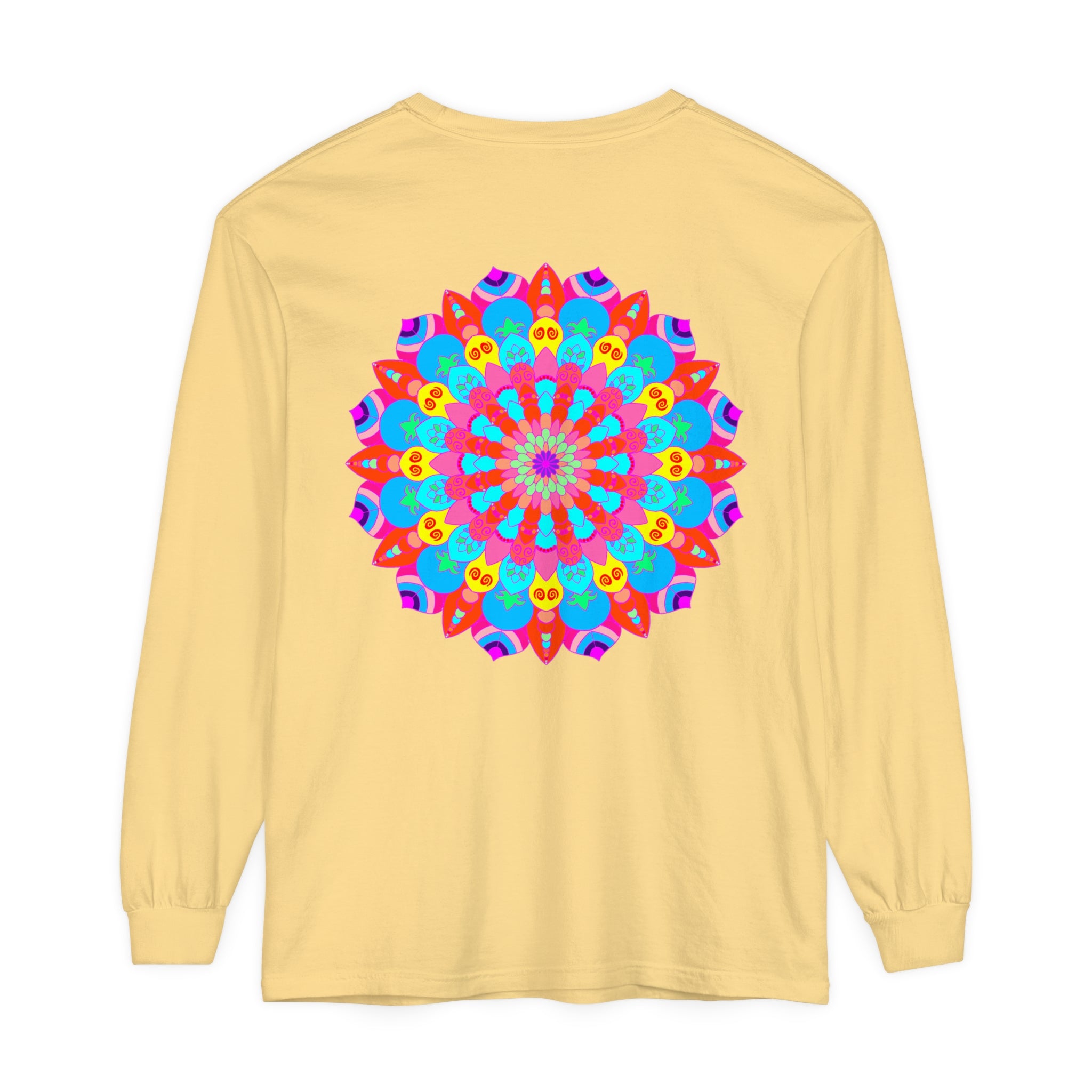 Vibrantly colored mandala design on a unisex long sleeve t-shirt