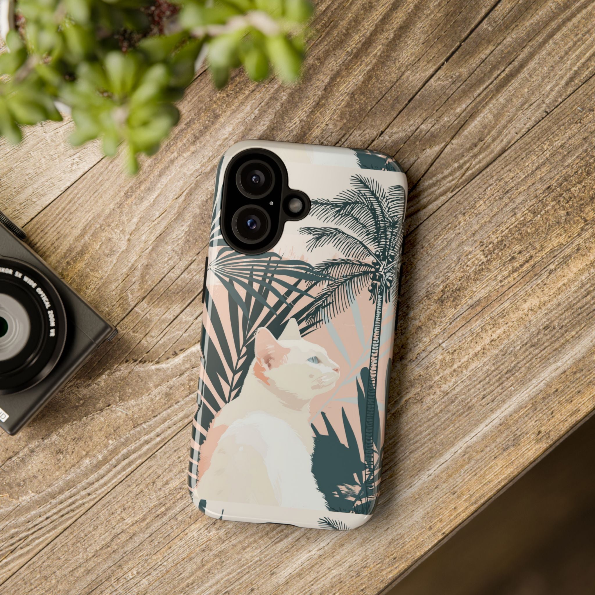 Tropical Cat Phone Case with Lush Palm Motifs and Soft Pastels