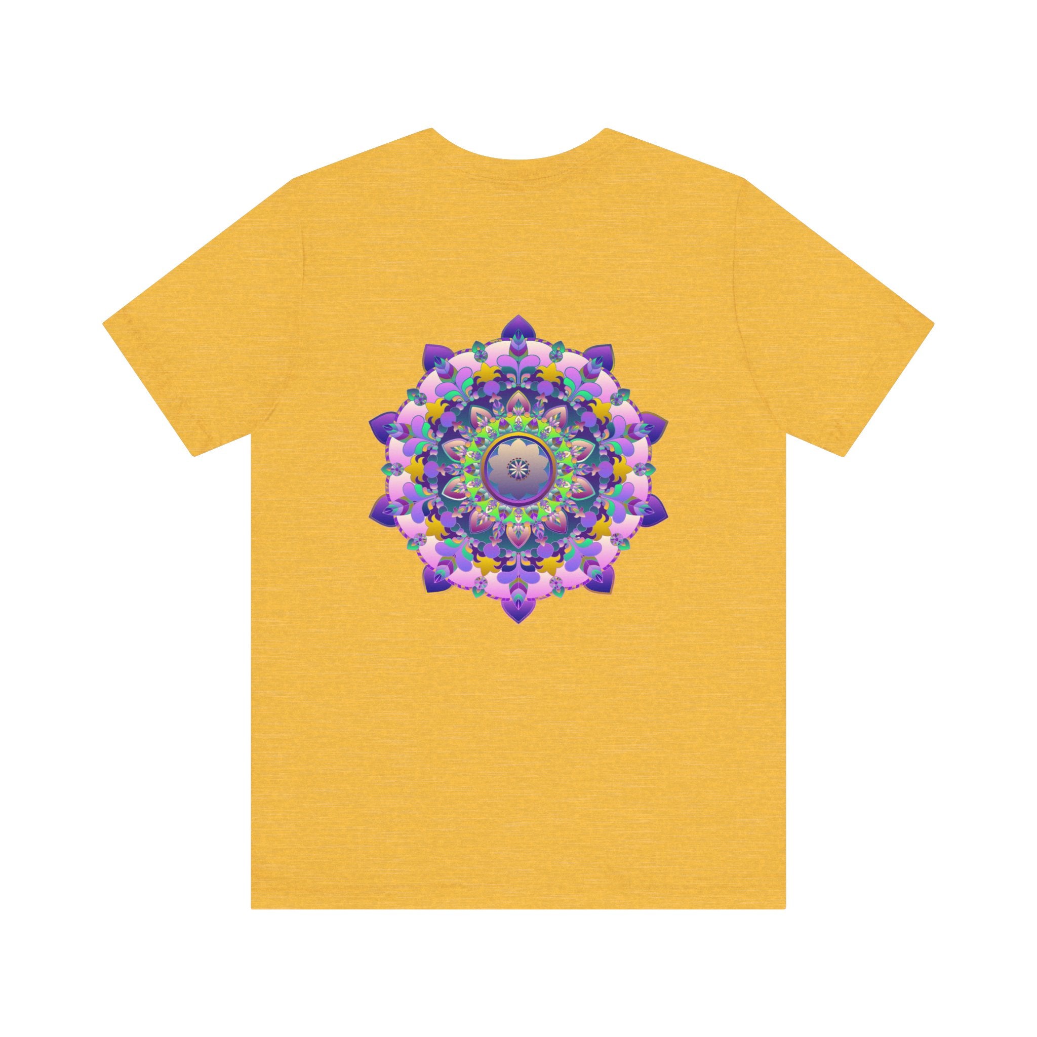 A vibrant mandala t-shirt featuring intricate patterns symbolizing spiritual peace and harmony