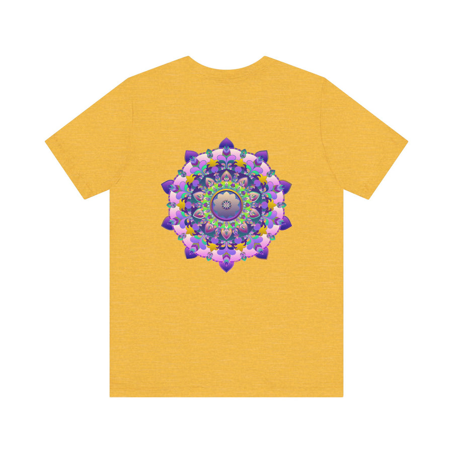 A vibrant mandala t-shirt featuring intricate patterns symbolizing spiritual peace and harmony