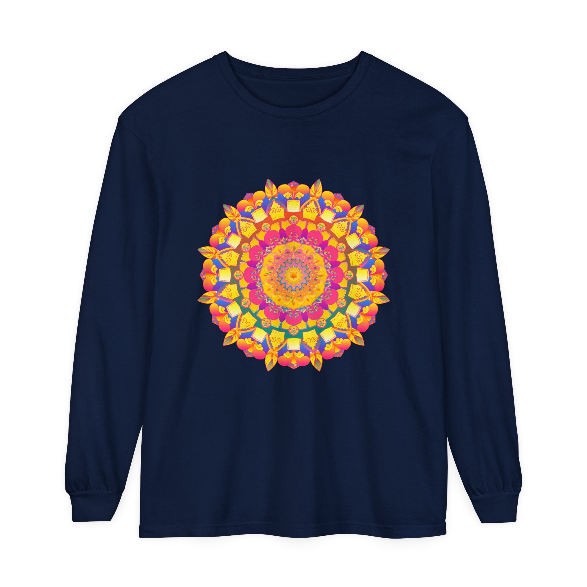 Vibrant and eye-catching long sleeve t-shirt featuring a colorful mandala design inspired by psychedelic art