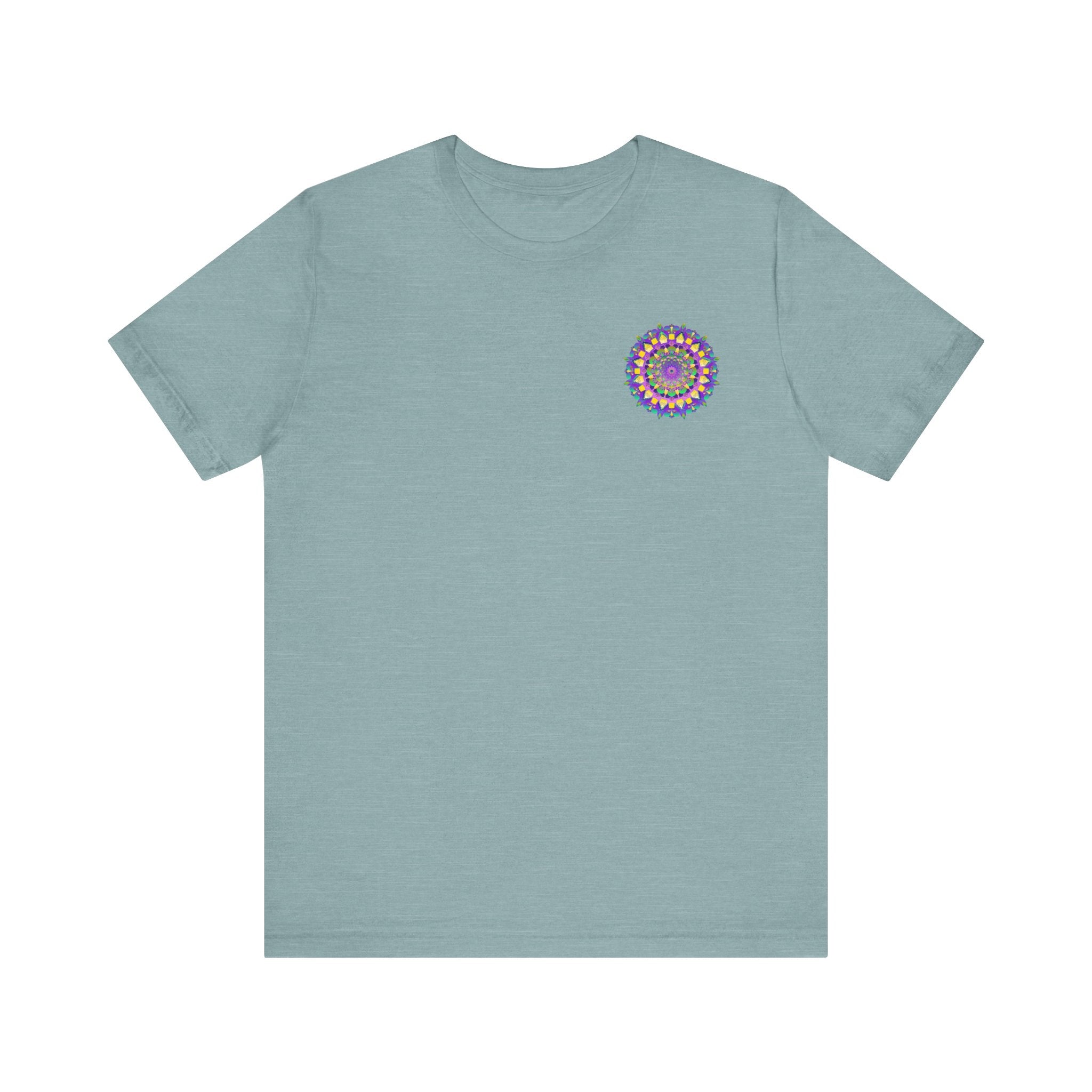 A close-up image of the Vibrant Mandala Tee, featuring intricate spiritual patterns and vibrant colors, representing peace and harmony