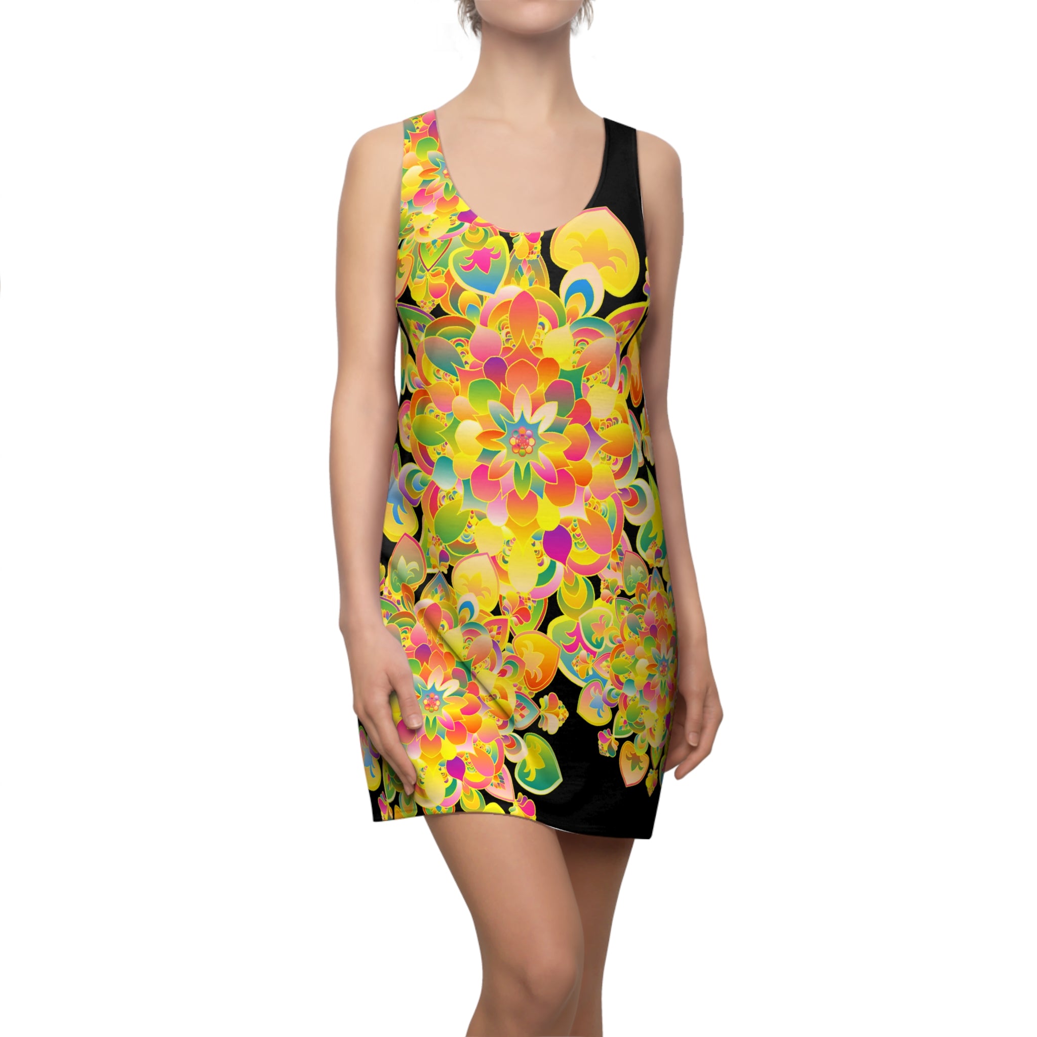 Abito con schiena incrociata Floral Radiance — Stampa integrale con mandala giallo vibrante