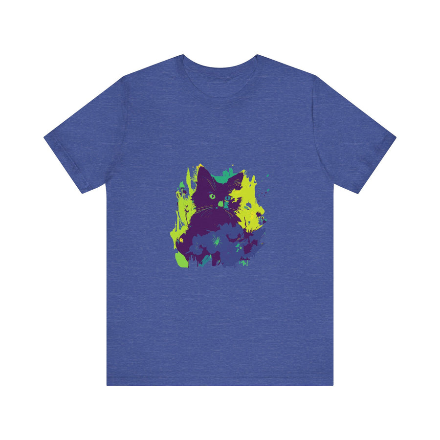 Black Cat Mystery - Abstract T-Shirt with intricate black cat design against a vibrant background