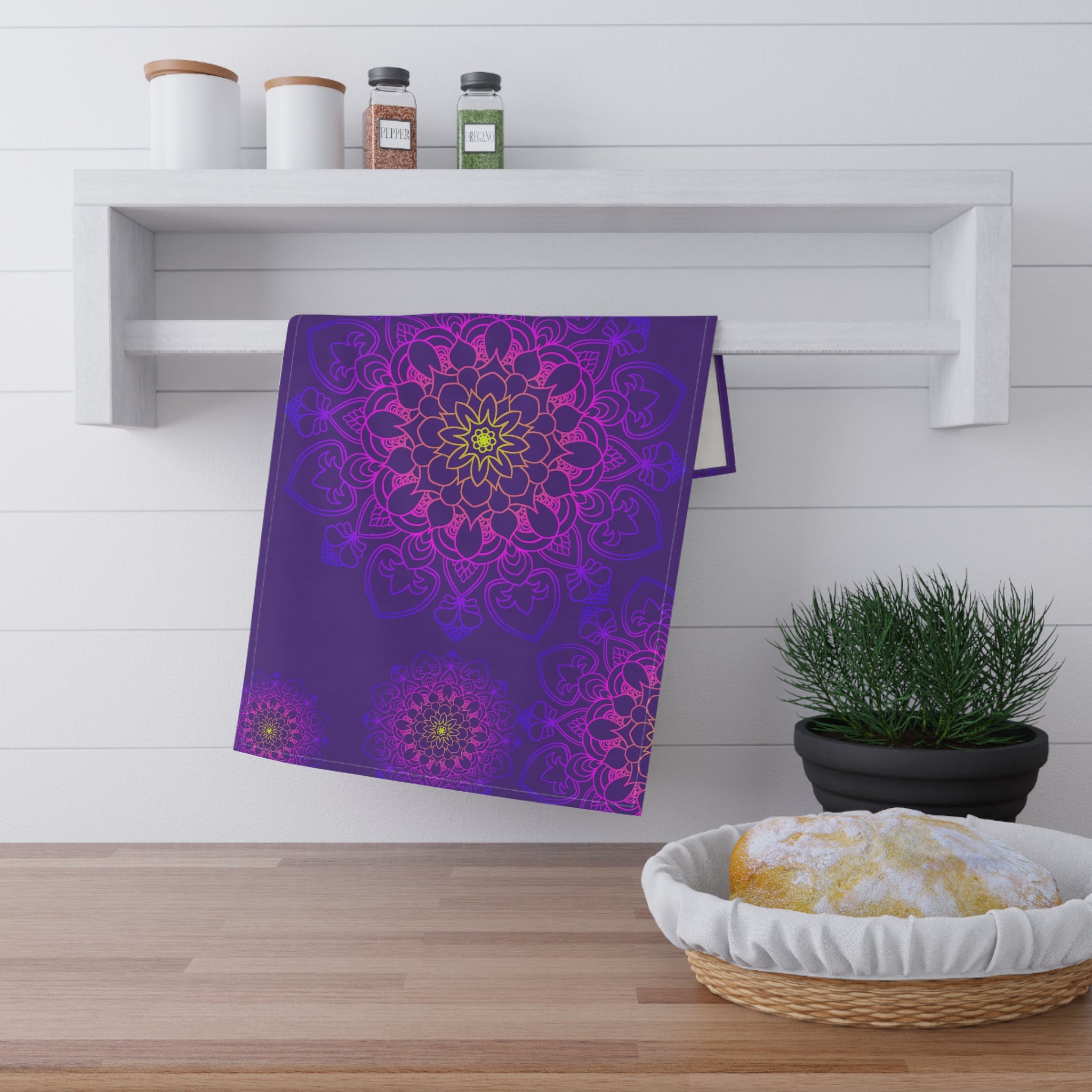 Florales Mandala Küchenhandtücher-Set in satten Lila- und Rosatönen
