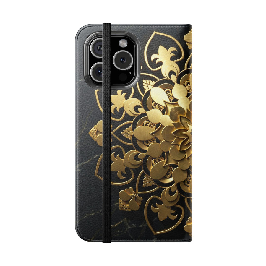 Goldene Mandala-Klapphülle – Luxuriöses Blumen-Portemonnaie-Cover