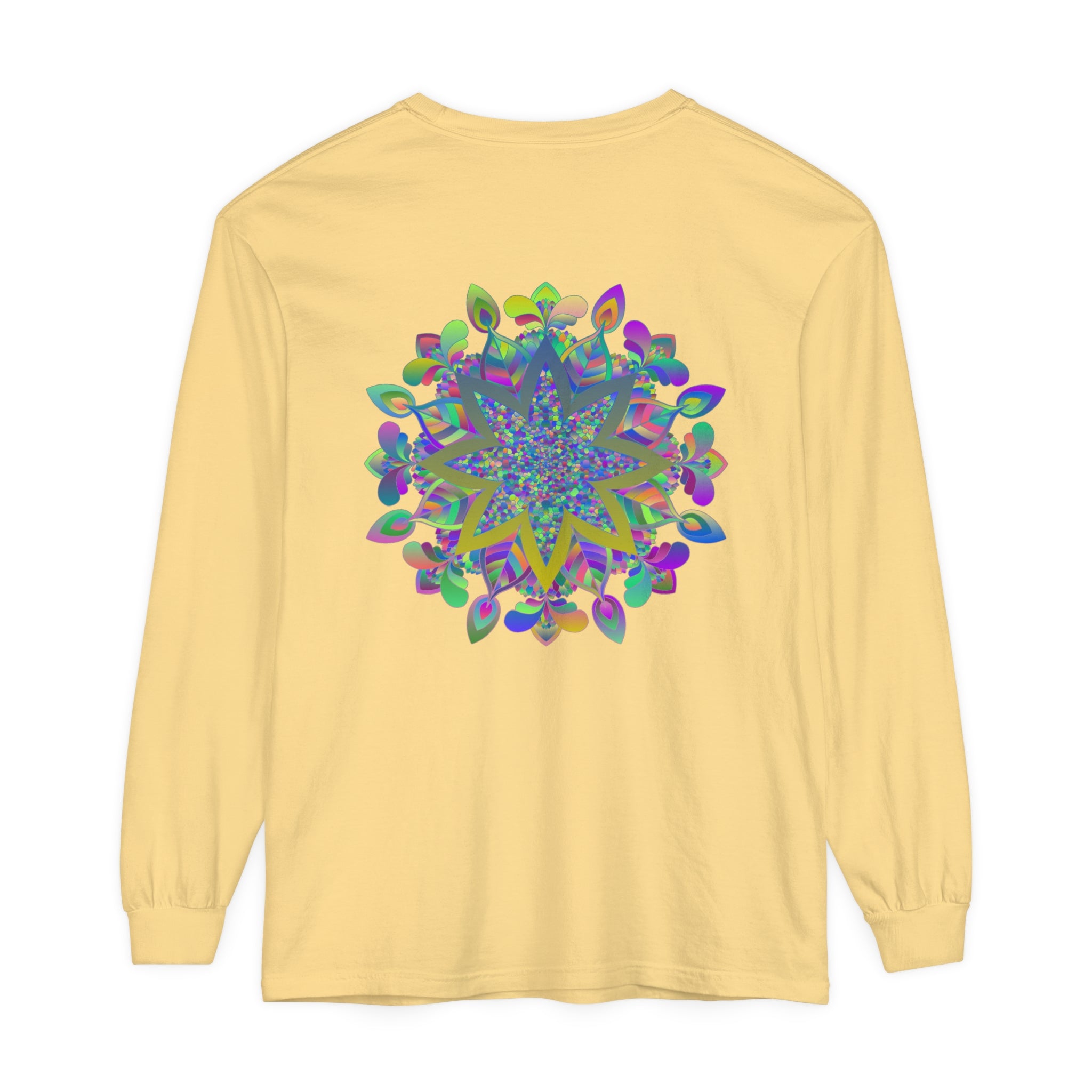 Vibrant and intricate mandala design on a unisex long sleeve t-shirt