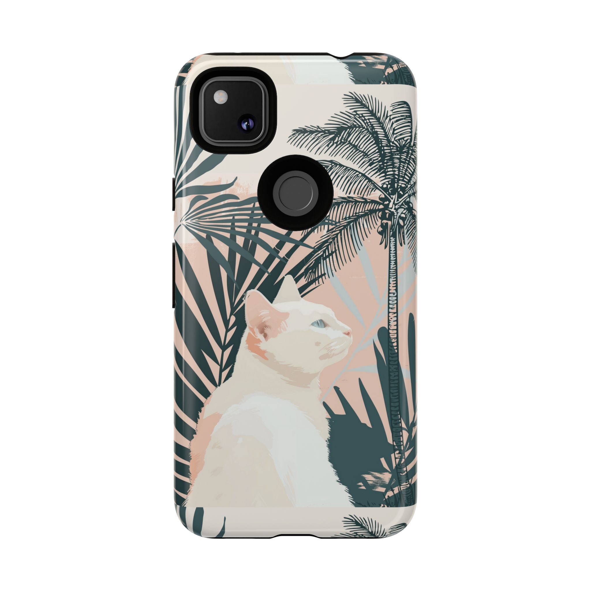 Tropical Cat Phone Case with Lush Palm Motifs and Soft Pastels